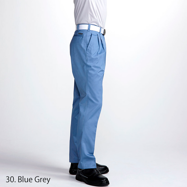 Modern Japanese workwear blue-grey two-tuck pants, back view