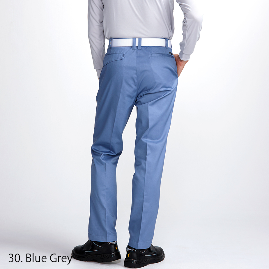 Modern Japanese workwear blue-grey two-tuck pants, side view