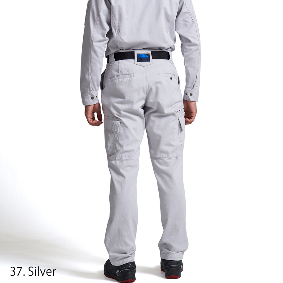Back view of the Toraichi tobi workwear trousers showing structured tailoring and practical pocket layout.