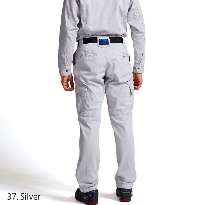 Back view of the Toraichi tobi workwear trousers showing structured tailoring and practical pocket layout.