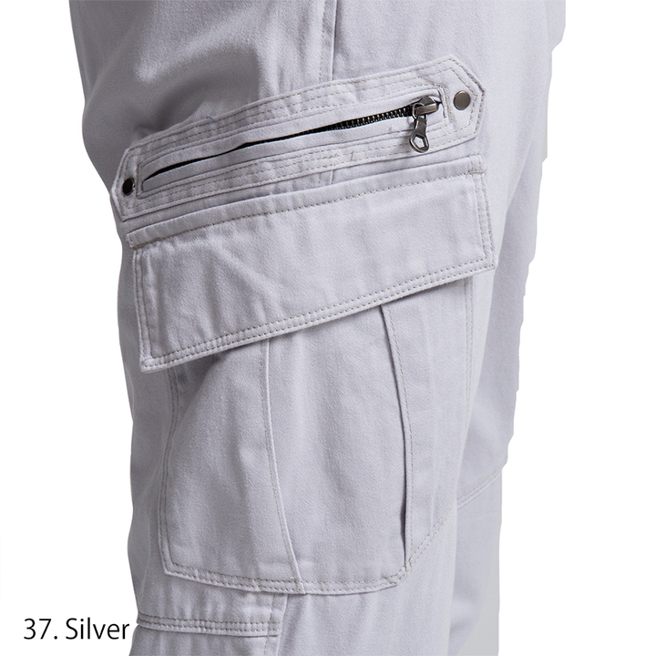 Detailed view of the Toraichi cargo pocket zipper and flap with strong stitch lines for work-ready durability.