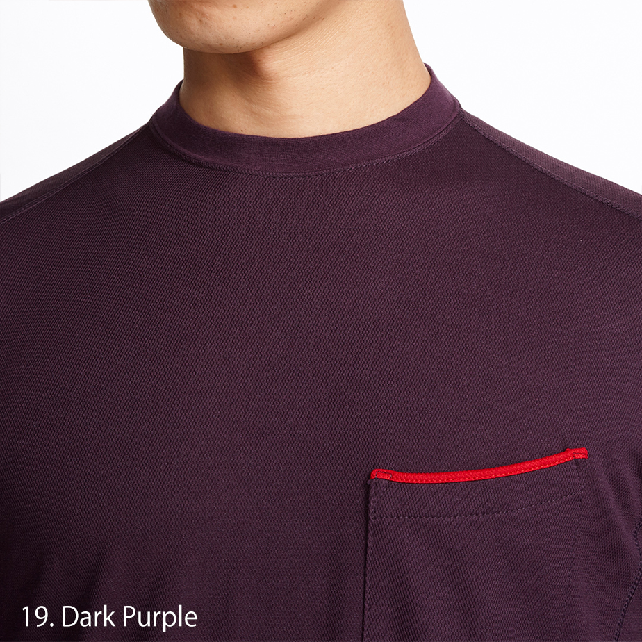 Detailed view of the neckline and collar area showing reinforced stitching and red-ear detailing for durability.